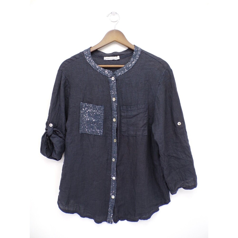 Tempo Paris 100% Linen Pineapple Sequin Button Shirt Navy Blue Size Medium